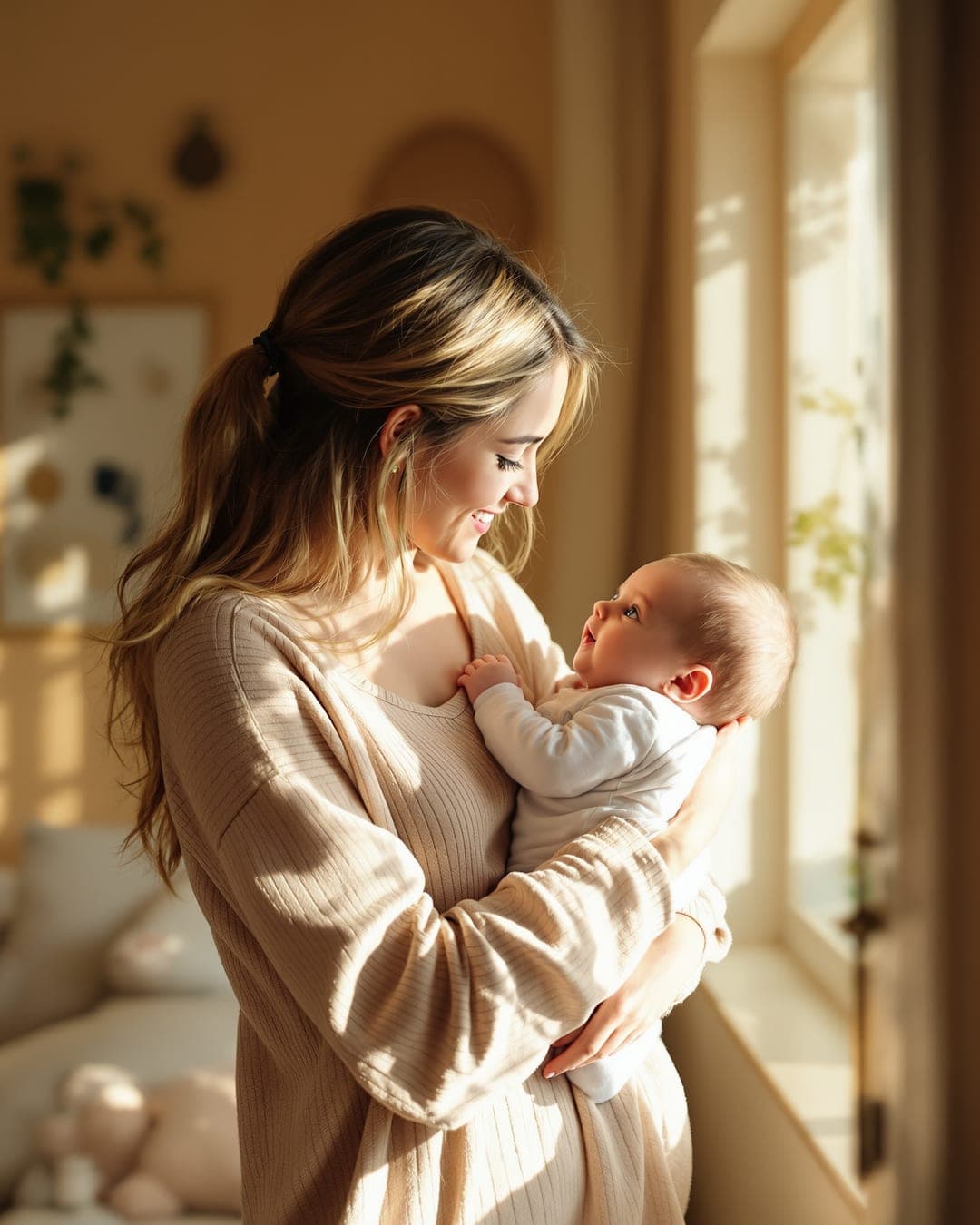 A mother in soft window light, cradling her baby and smiling down at them