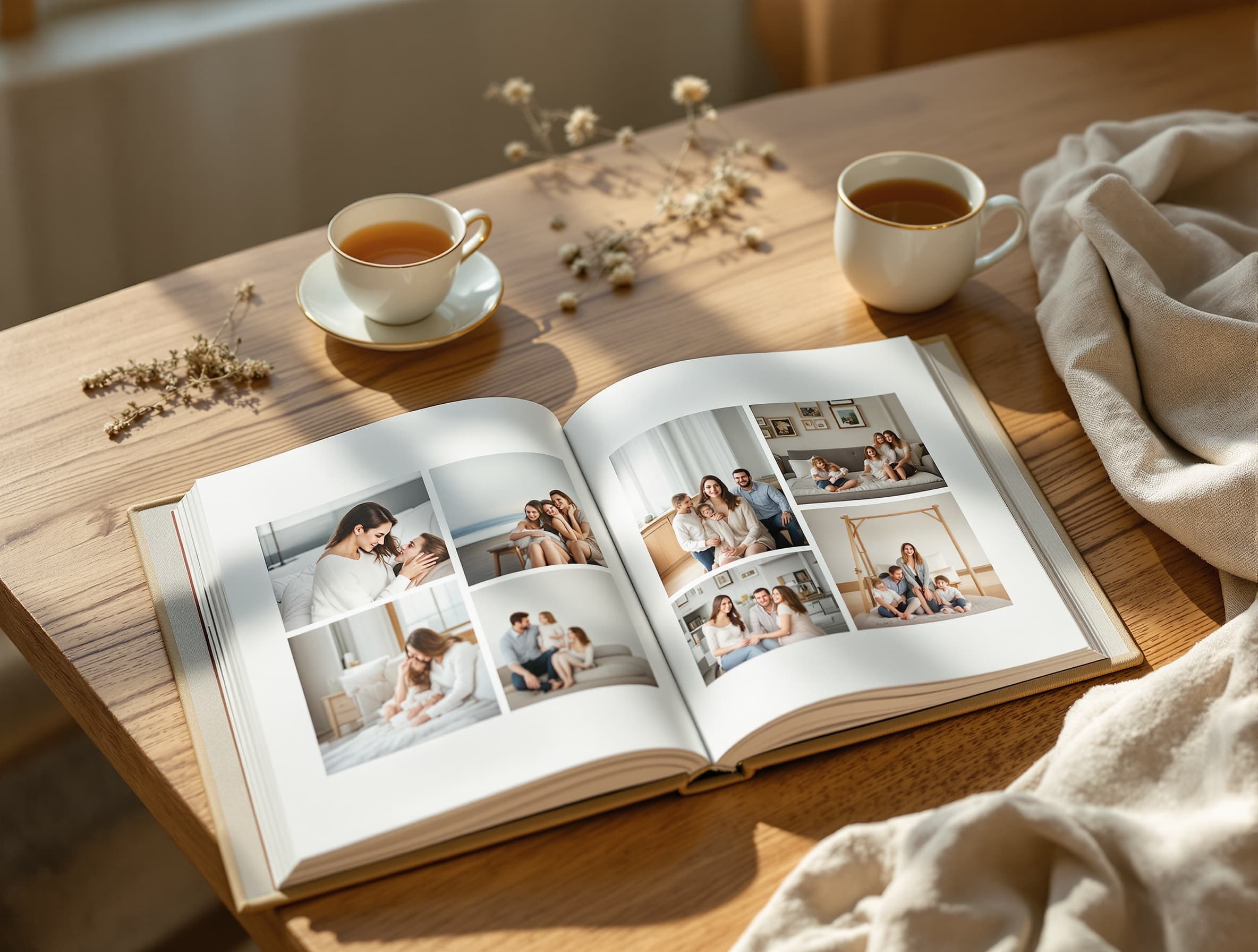 An elegant memory book lying open with family photos on a wooden table