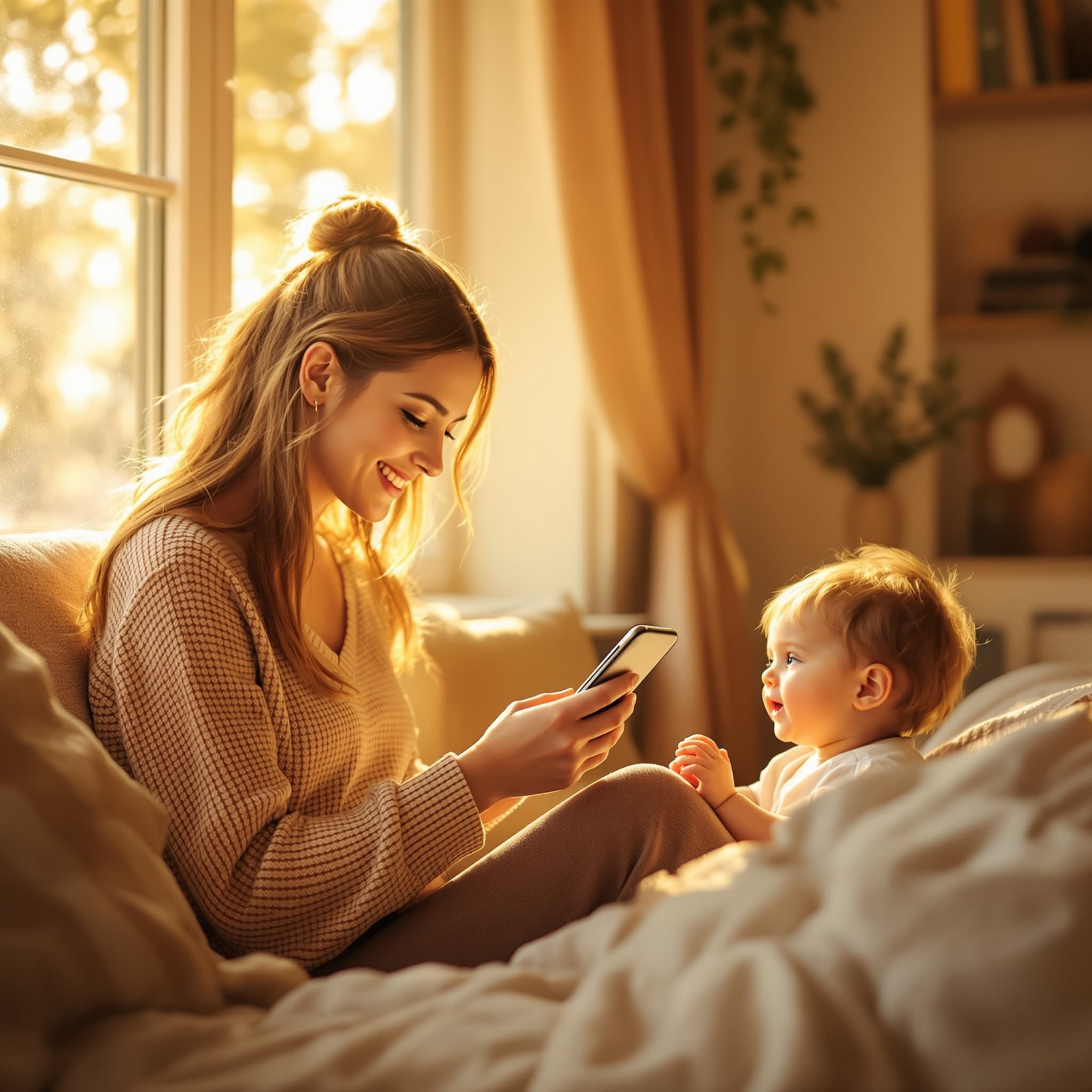 A mother answering the question of the day on her phone in the morning light